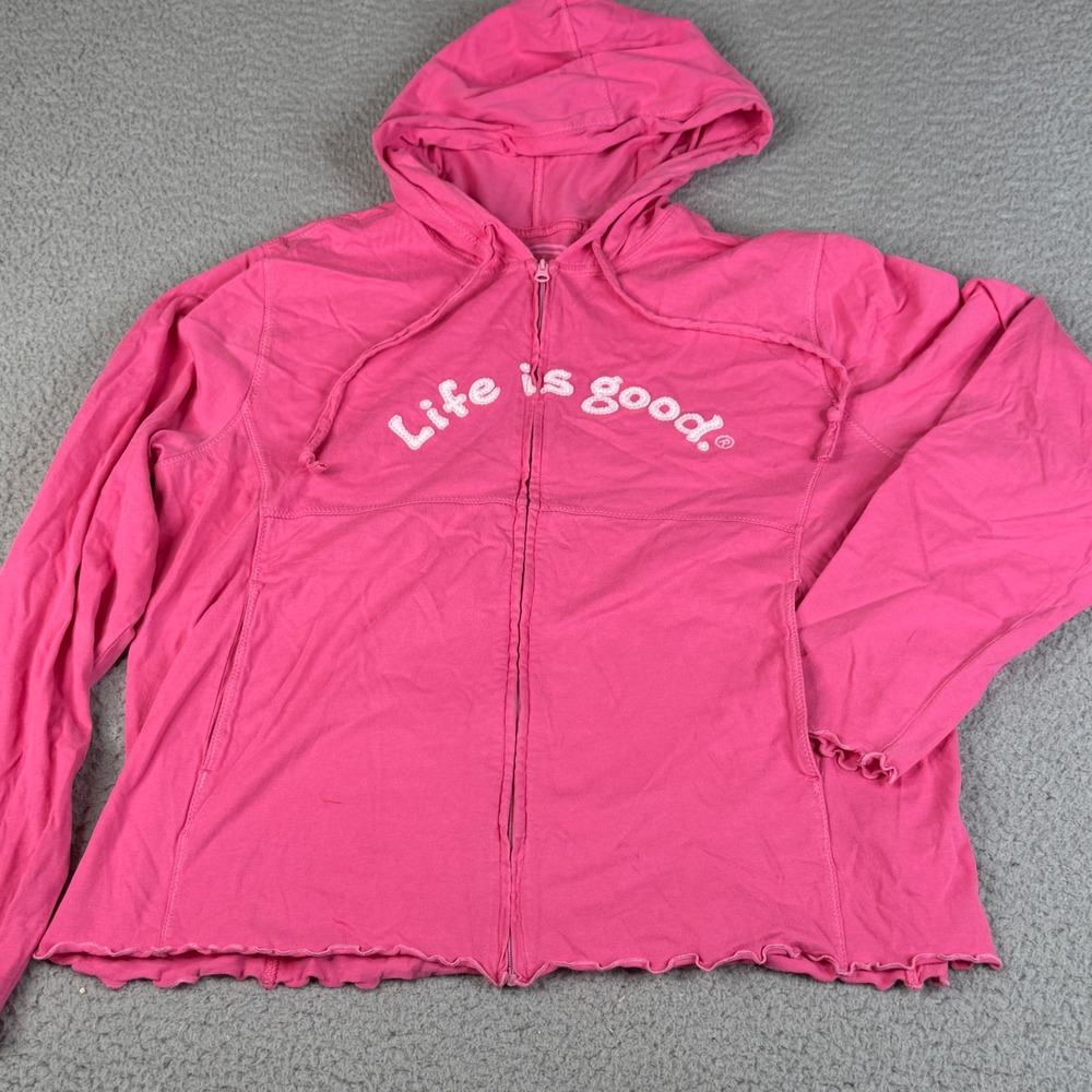 Life is Good Hoodie Girls XL Pink Sleep Full Zip Lettuce Edge Embroidered Logo